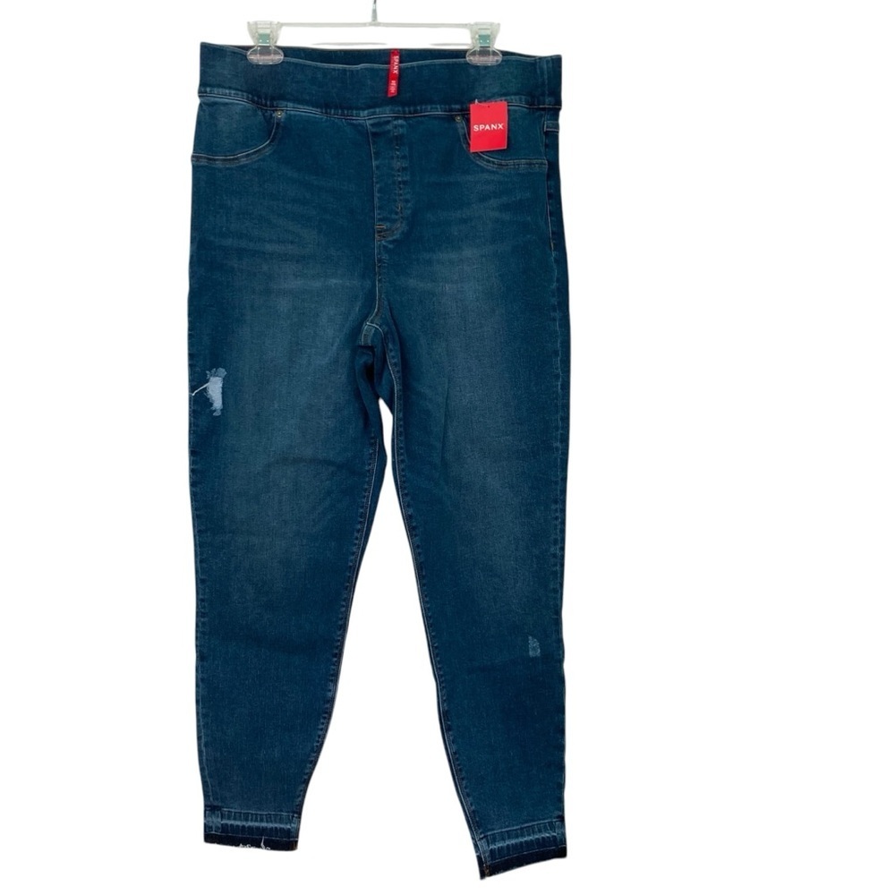 SPANX‎ Distressed Skinny Pull On Elastic Waist Jeans Raw Ankle Jeggings Med Wash